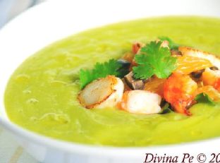 Chilled Avocado and Cucumber Soup With Prawn and Scallop Salsa