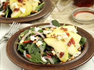 Pear, Goat Cheese and Spinach Salad with Warm Maple-Bacon Dressing