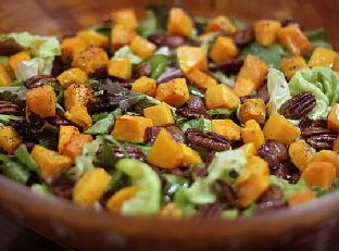 Roasted Butternut Squash, Pecan, Bacon, Mix Green & Baby Spinach Salad With Maple Syrup Vinaigrette