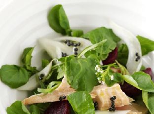 Salmon, Watercress, Fennel and Baby Beetroot Salad With Lemony “Caviar” Dressing