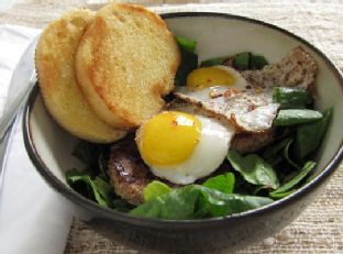 Sausage, Spinach, and Quail Egg Breakfast Salad