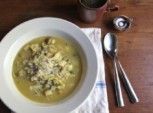 Savoy Cabbage and Celery Root Soup with Leek Confit