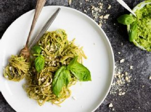 Whole Wheat Spaghetti with Basil Avocado Pesto