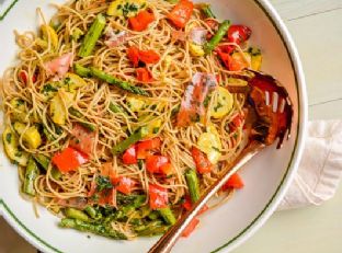 Spaghetti Pasta Salad with Roasted Vegetables and Prosciutto