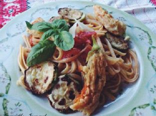 Lemon Fresh Spaghetti with Garden Sauce & Pumpkin Flowers