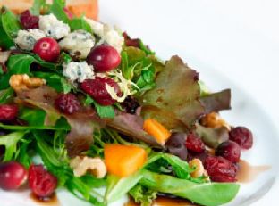 Green Salad with Pomegranate Vinaigrette and Goat Cheese Garnish