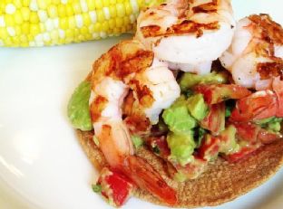 Avocado & Tomato Salad Topped with Grilled Shrimp