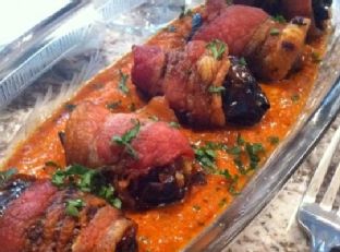 Bacon Wrapped Dates with Manchego, Romesco Sauce