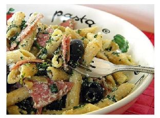 Cheesy Lemon Pasta with Salami, Olives & Spinach