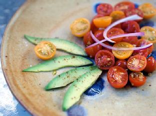 Fresh Cherry Tomato Salad With Red Onions, Avocado and Pimentón