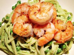 Linguini in a Creamy Pea Sauce and Sautéed Shrimp