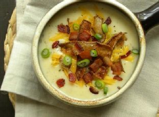 Loaded Baked Potato Soup with Crispy-Fried Potato Skins