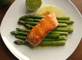 Pan-seared salmon with brown butter lime sauce and roasted asparagus