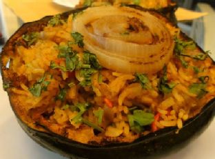 Roasted Acorn Squash Stuffed with spicy Biryani (Veg/vegan)