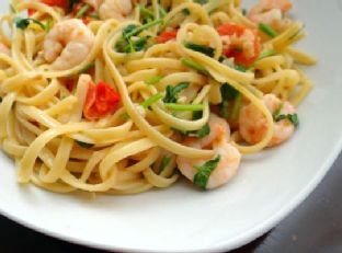 Shrimp pasta with white wine tomato cream sauce