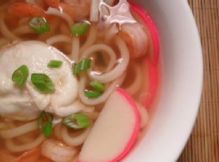 Shrimp Udon w Fish Cakes & Poached Egg