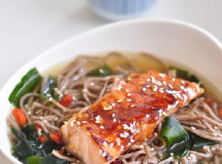 Soba Noodle In Kombu Dashi With Teriyaki Salmon