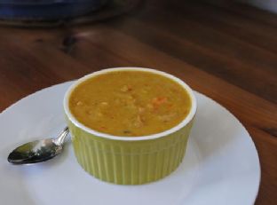 Split Pea Soup With Honey-Baked Ham, Cabbage and Roasted Red Pepper