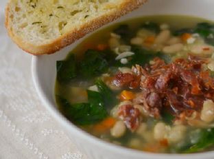 White Bean and Garlic Soup with Spinach and Crispy Prosciutto and Rosemary-Garlic Toasts