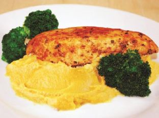 Herb chicken with sweet potato mash and sautéed broccoli